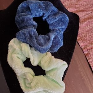 Two velvet hair scrunchies denim blue, light green